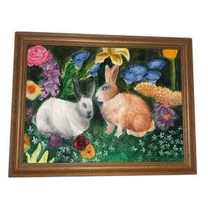 Vintage Painting of Rabbits In Country Garden Framed Cottagecore